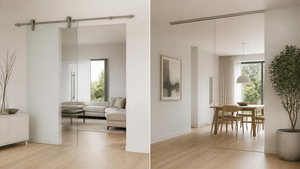 Glasschiebetür mit Wandmontage und Deckenmontage im direkten Vergleich