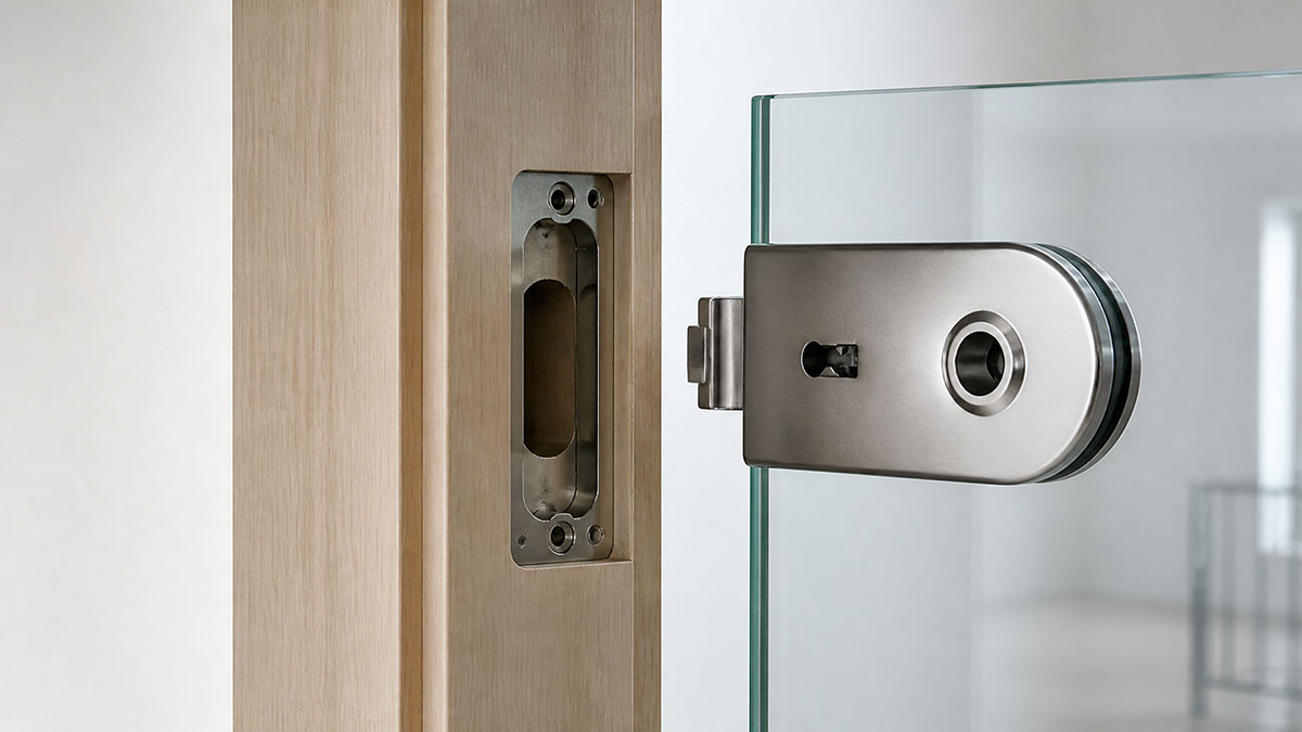 Bandtaschen und Zarge vor dem Einbau einer Glastür prüfen