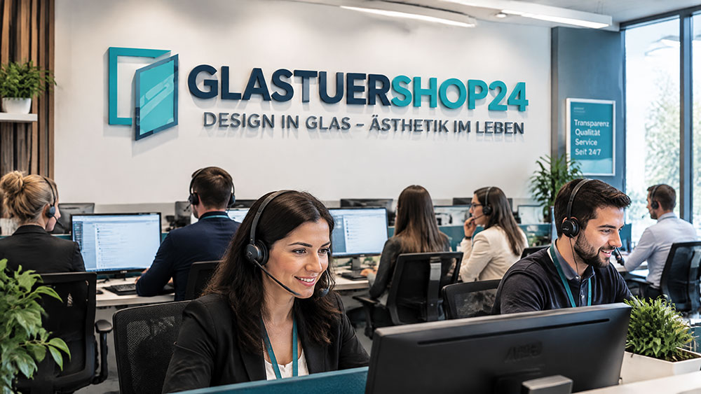 Freundliches Kundenservice-Team von Glastuershop24 bei der telefonischen Beratung im modernen Büro.