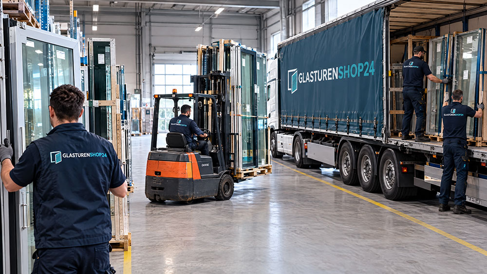 Sichere Verladung und Logistik von hochwertigen Glastüren in den LKW im Lager von Glastürenshop24.