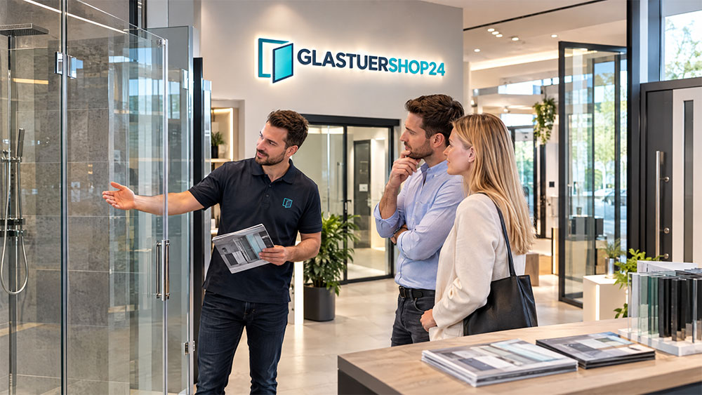 Ein Fachberater zeigt Kunden eine moderne Glasdusche im Showroom von Glastuershop24