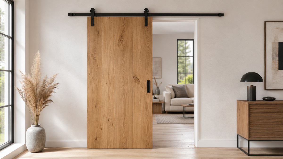 Schiebetür Holz Komplettset im modernen Innenraum als hochwertige Schiebetür-Lösung.