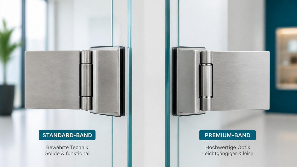 Standard- und Premium-Beschlag für Glas-Pendeltüren im technischen Vergleich.